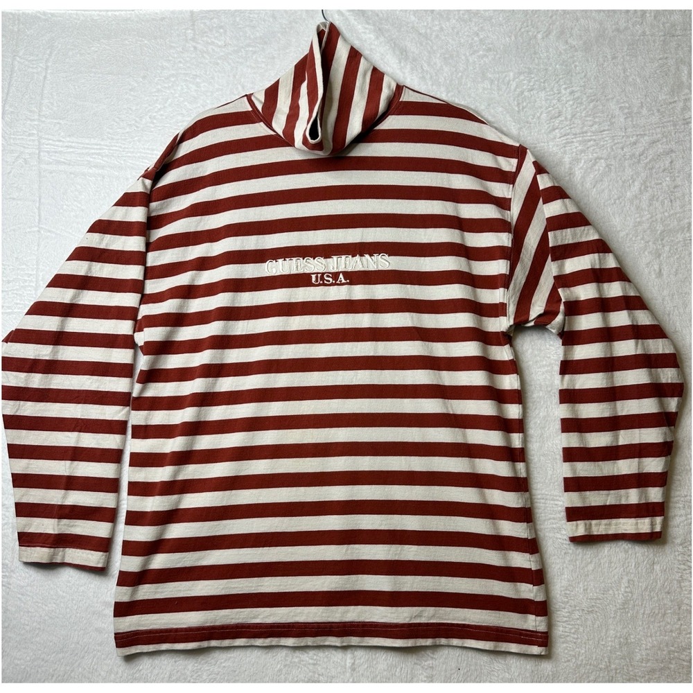 Vintage Guess Jeans USA Georges Marciano Striped Turtleneck Shirt Red White L